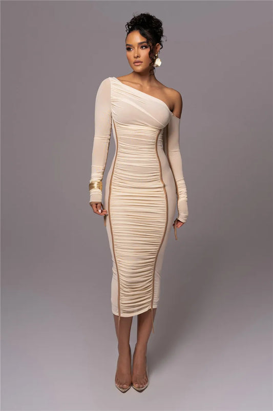 Collar Long Sleeve Midi Dress For Women Two Layer Mesh Backless Bodycon Club Party Long Dress