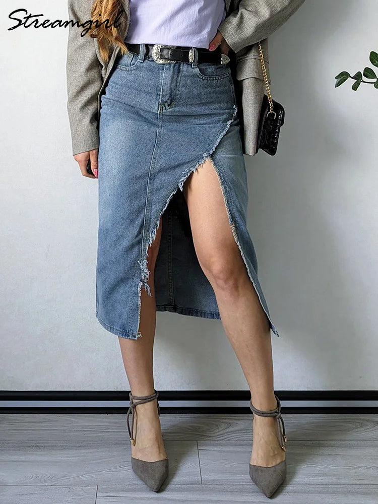 Irregular Split Denim Skirt - Ladyglow