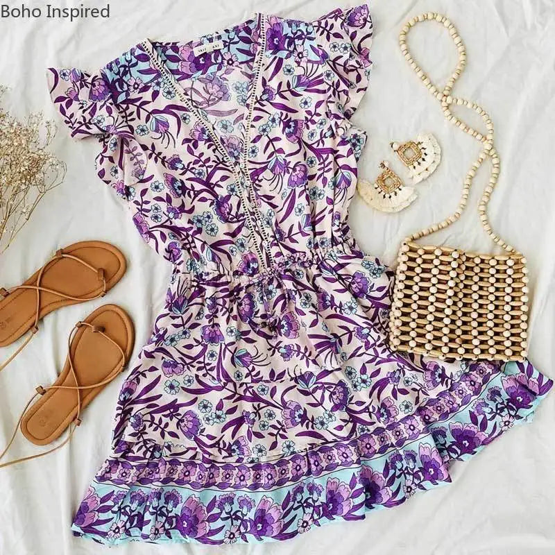 BOHO INSPIRED purple multi print ruffle dress V-neck mini party dress layered cascading ruffle boho dress 2022 new summer dress - Ladyglow