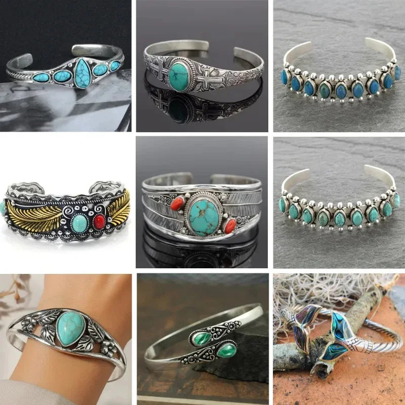 Vintage Turquoises Jewelry Imitation Natural Stone Bracelets Elegant Open Adjustable Cuff Bangles for Women Men Party Jewelry