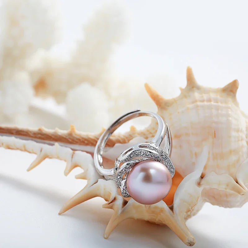 925 sterling silver jewelry  natural pearl rings stone ring adjustable white/pink/purple pearl