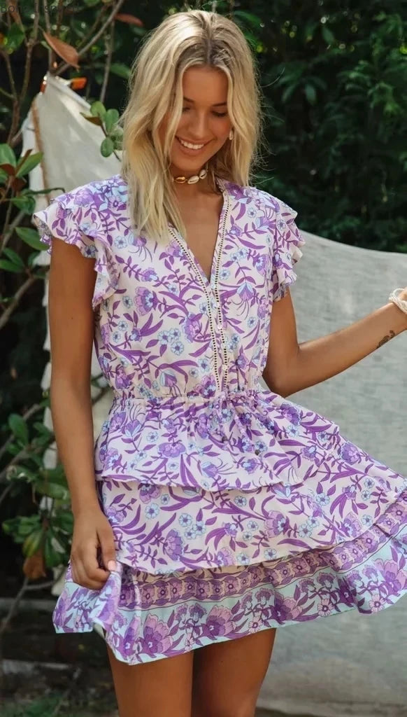 BOHO INSPIRED purple multi print ruffle dress V-neck mini party dress layered cascading ruffle boho dress 2022 new summer dress - Ladyglow