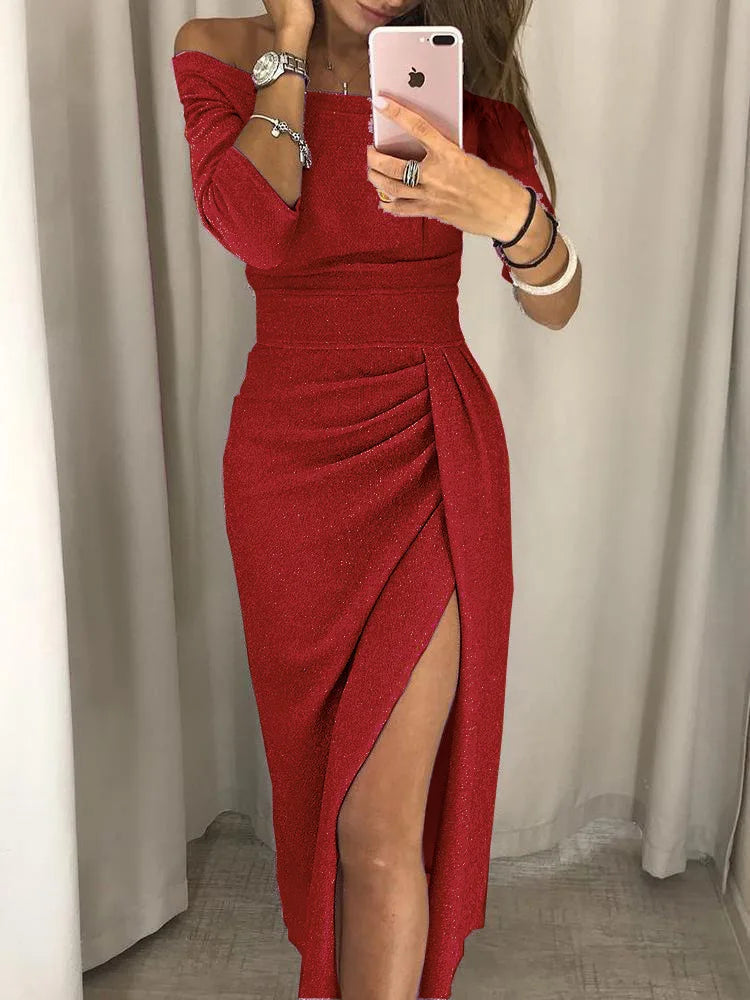 Off Shoulder Long Sleeve Long Dress Asymmetrical Split Pencil Dresses