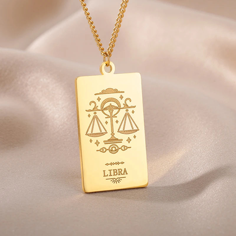 Stainless Steel Zodiac Sign Necklace For Women Vintage Constellation Libra Pendant Chain Collar Aesthetic Jewelry Free Shipping - Ladyglow