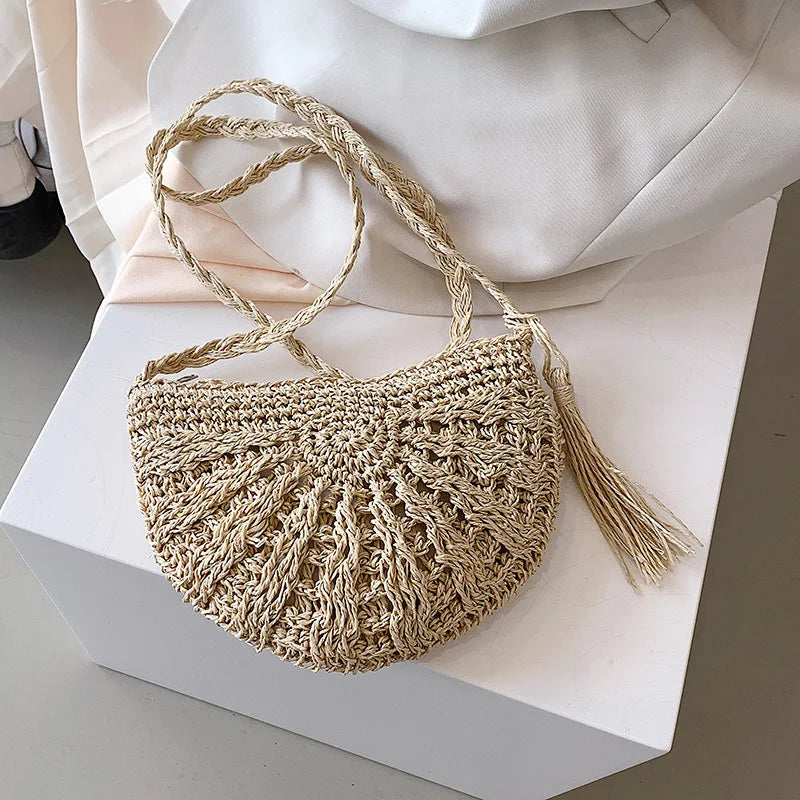 Fashion Semicircle Straw Woven Shoulder Crossbody Bag Travel Small Handbag Ladies Summer Handmade Rattan Tassel Design Beach Bag - Ladyglow