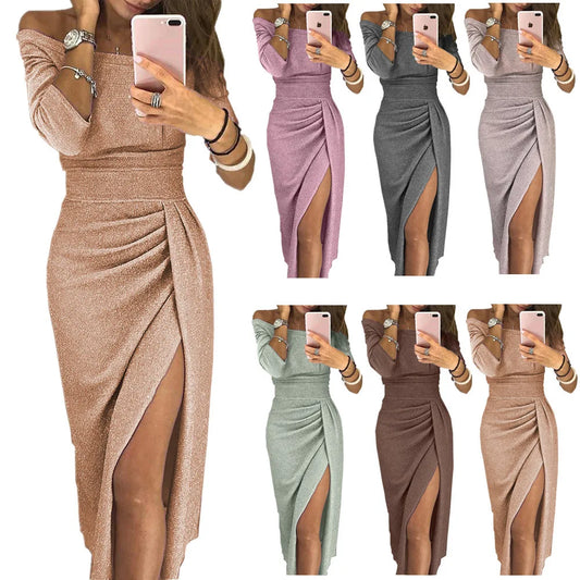 Off Shoulder Long Sleeve Long Dress Asymmetrical Split Pencil Dresses