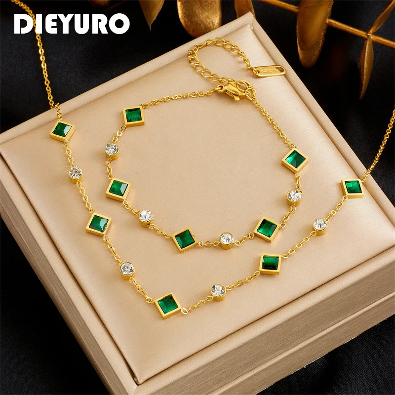 DIEYURO 316L Stainless Steel Green White Zircon Crystal Necklace Bracelets For Women Girl New Fashion Jewelry Set Gift Party - Ladyglow