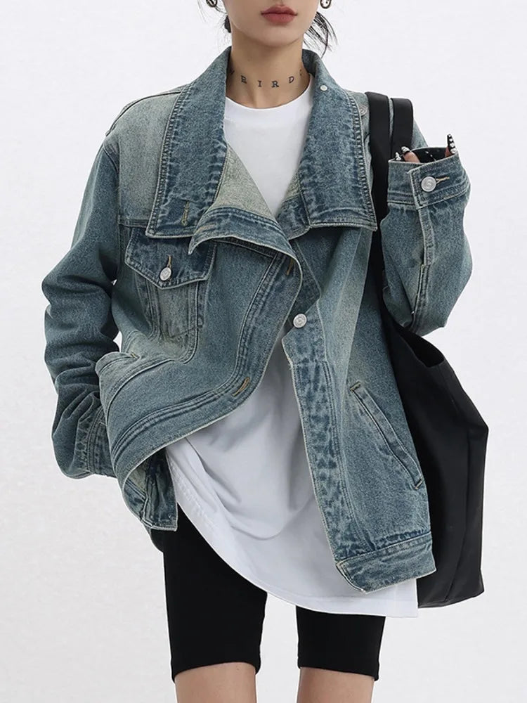 Denim Coat Turtleneck Single Breasted Full Sleeve Patchwork Versatile Jacket Streetwear Denim Overcoat