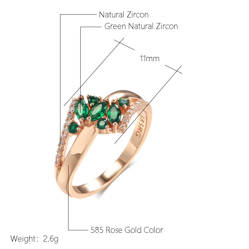 Luxury Green Natural Zircon Ring For Women 585 Rose Gold Color White Stone