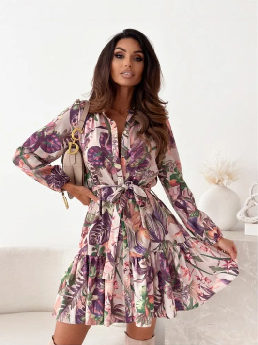 Fashion Floral Print Shirt Dress Women Long Sleeve Elegant Office Ladies Clothes V-neck Lace Up Dresses