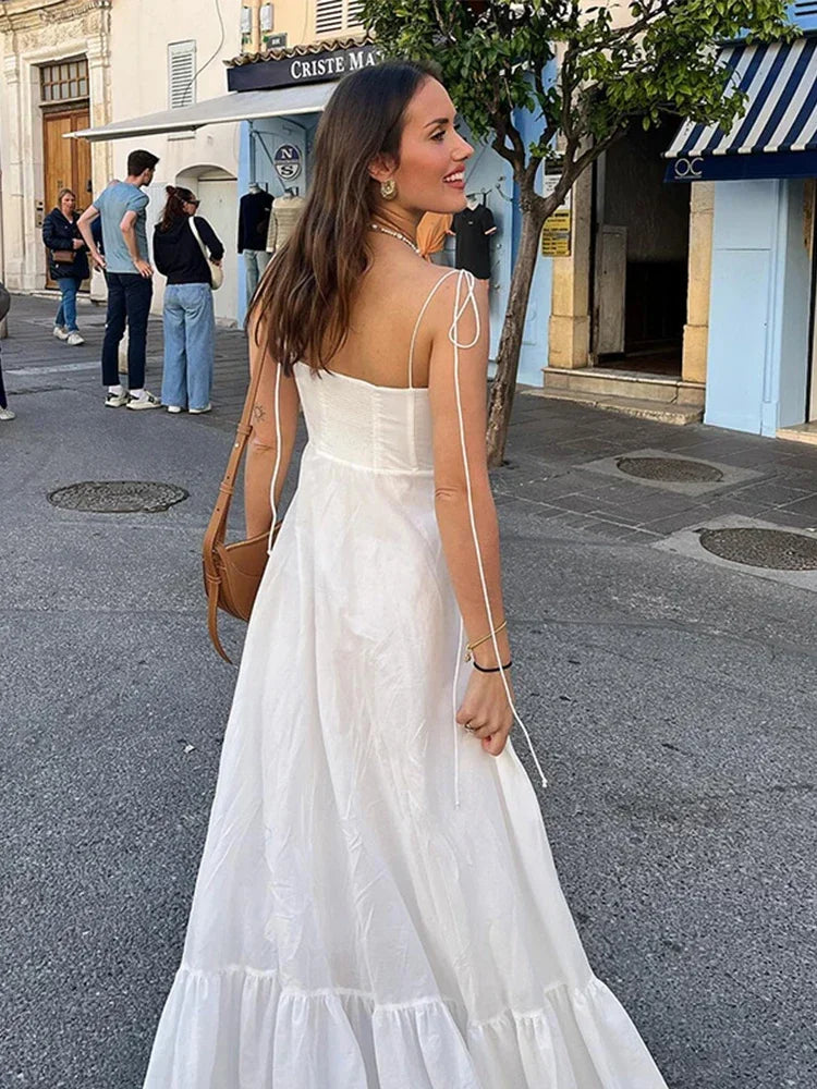 Linen Lace Up Dress Women White Sleeveless A-line Long Dresses Lady Beach Strap Robe