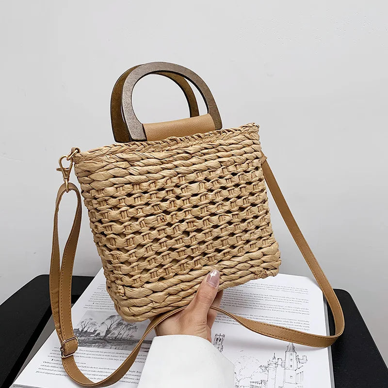 JIOMAY Straw Bags Summer 2023 Women Tote Bags Designer Handbags PurseS Weave Drawstring Closure Wooden Handle Beach Shoulder Bag - Ladyglow