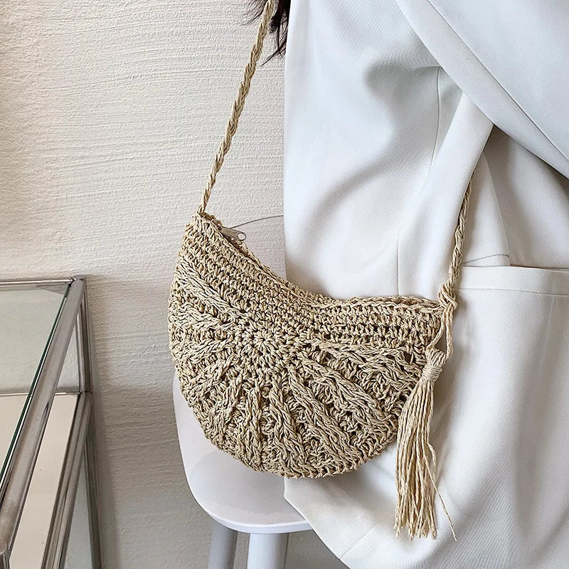 Fashion Semicircle Straw Woven Shoulder Crossbody Bag Travel Small Handbag Ladies Summer Handmade Rattan Tassel Design Beach Bag - Ladyglow