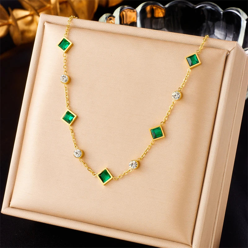 DIEYURO 316L Stainless Steel Green White Zircon Crystal Necklace Bracelets For Women Girl New Fashion Jewelry Set Gift Party - Ladyglow