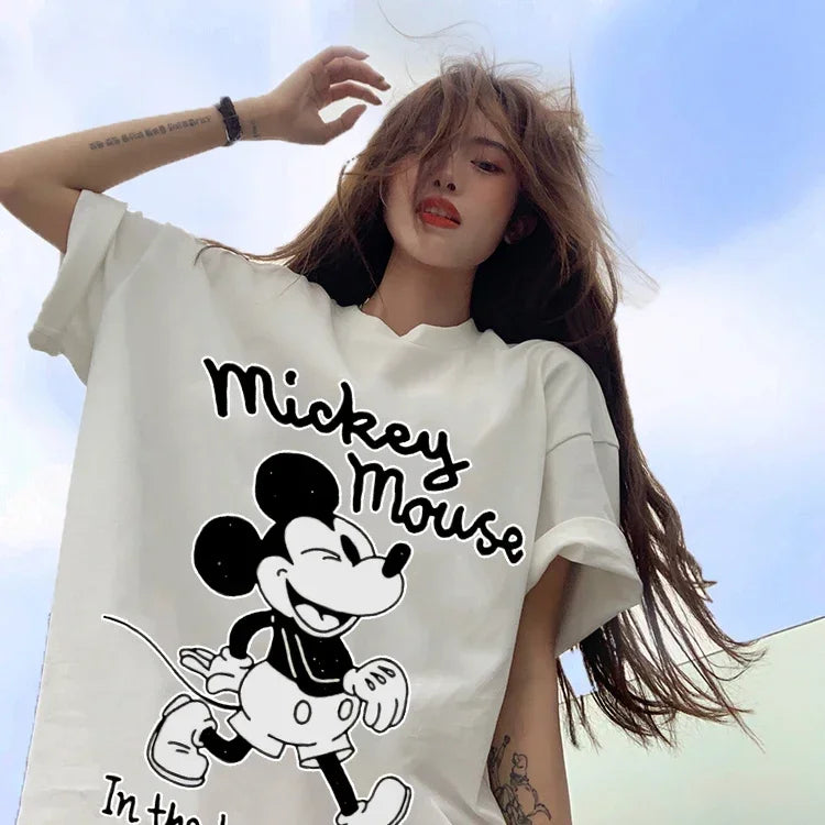 Kawaii Mickey Mouse Summer T-shirt  Ladies Casual O-Neck Top