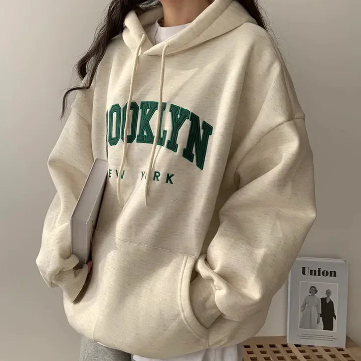 Letter Print Women Sweatshirt  Warm Full Sleeve Hoodies Ladies Streetwear Winter Pullovers Loose  Hooded Pocket