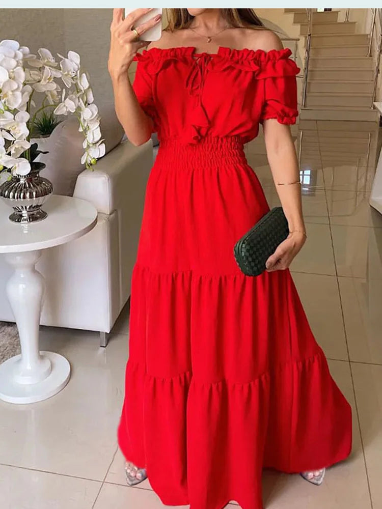 Puff Short Sleeve Women Dress Ruffles Ong Shoulder Elastic Waistband Dresses Boho