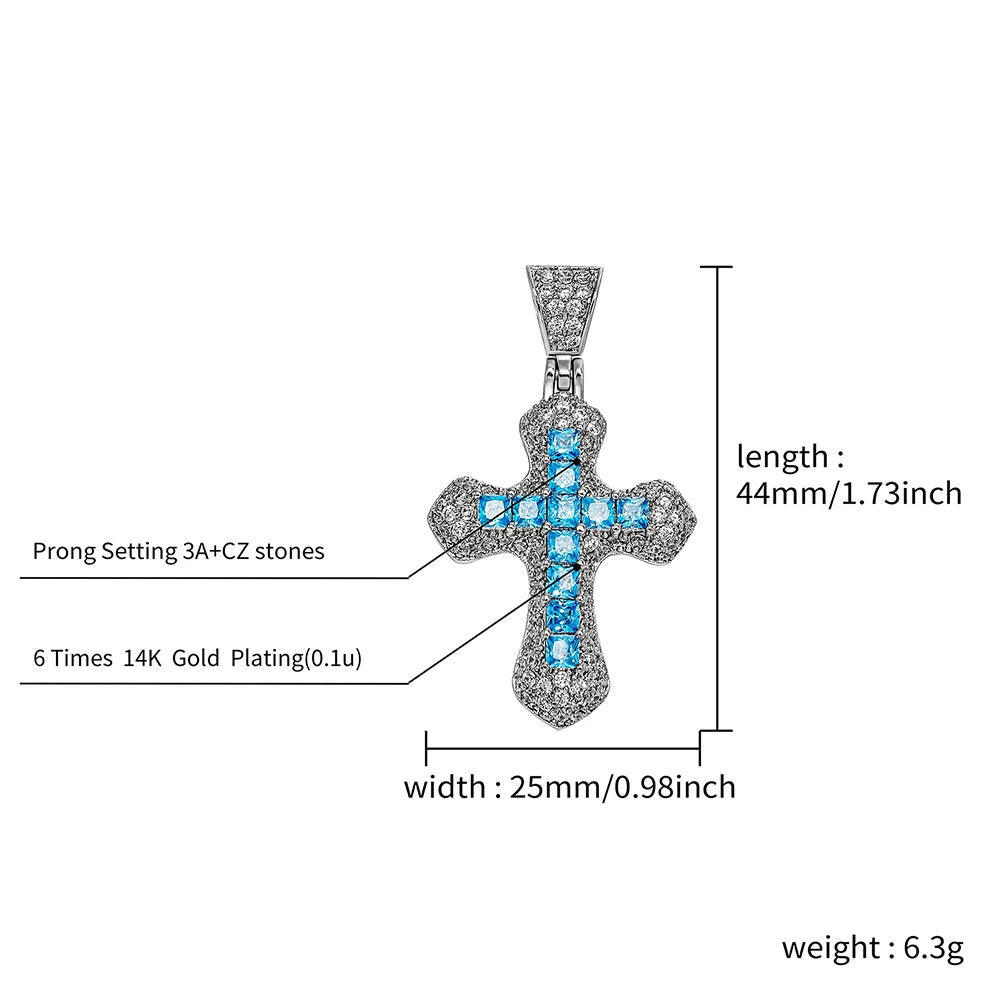 TOPGRILLZ New Classic Shiny Cross Necklace Iced Baguette Blue Zirconia Pendant Fashion Female Religious Jesus Hip Hop Jewelry - Ladyglow