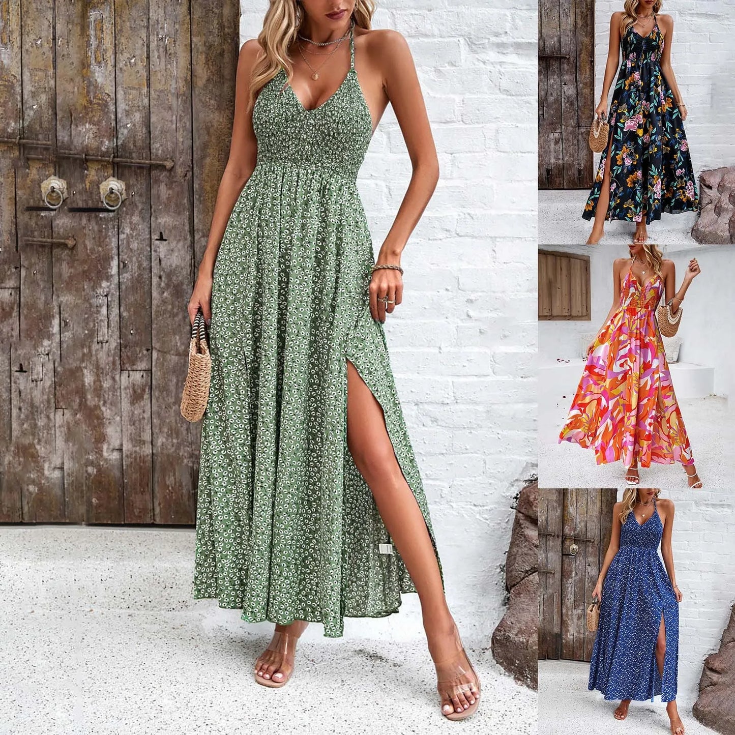 Women's Summer Boho Long Dresses Elegant V Neck Party Dresses Vintage Printed