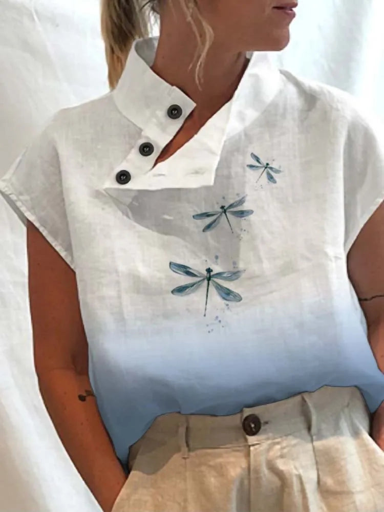 Leisure Summer Blouse Women Tops Vintage Floral Print Short Sleeve White Blouses Casual Buttons Slit Stand Neck Top Blusas