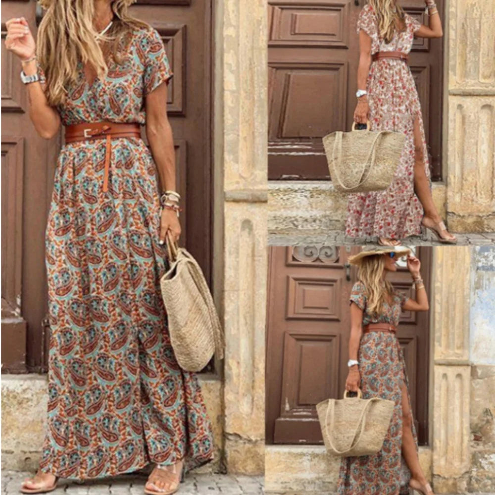 Women Dress Summer Trend V-Neck High Slit Irregular Midi Dress Retro Vintage Print Slim With Belt