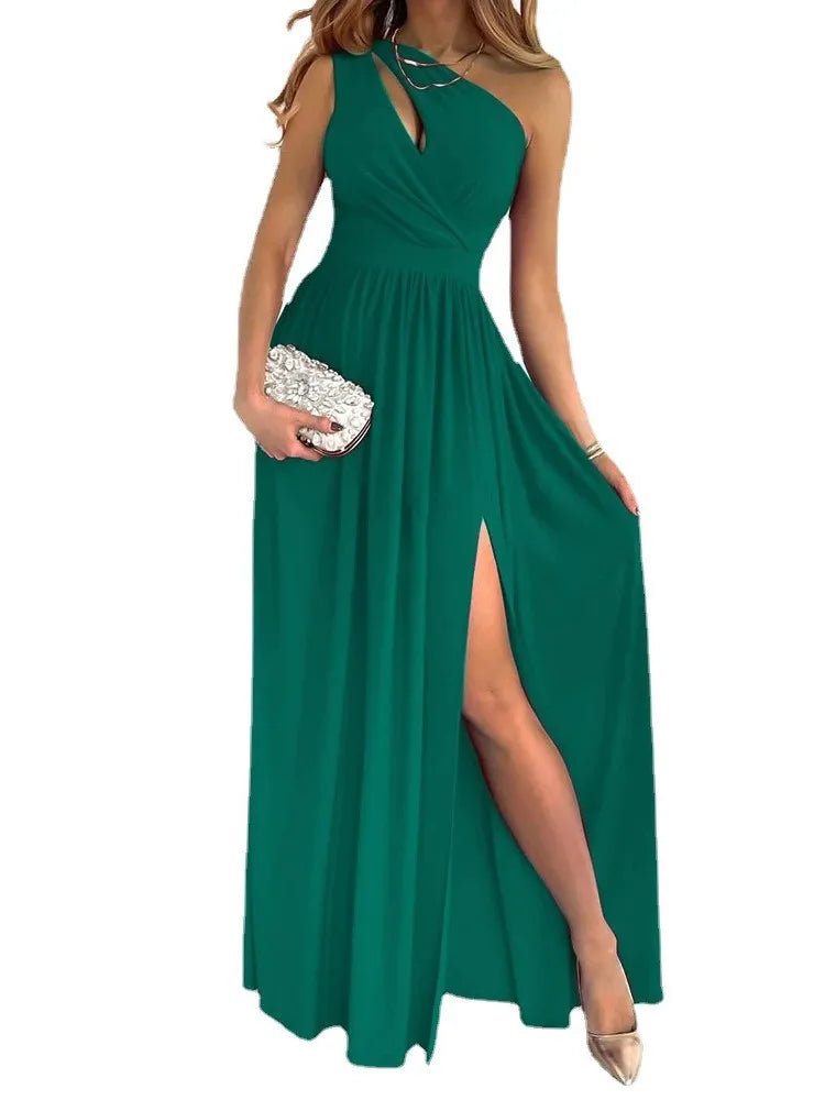 Women's Oblique Shoulder Long Dress Temperament Sleeveless  High Waist Split Dress