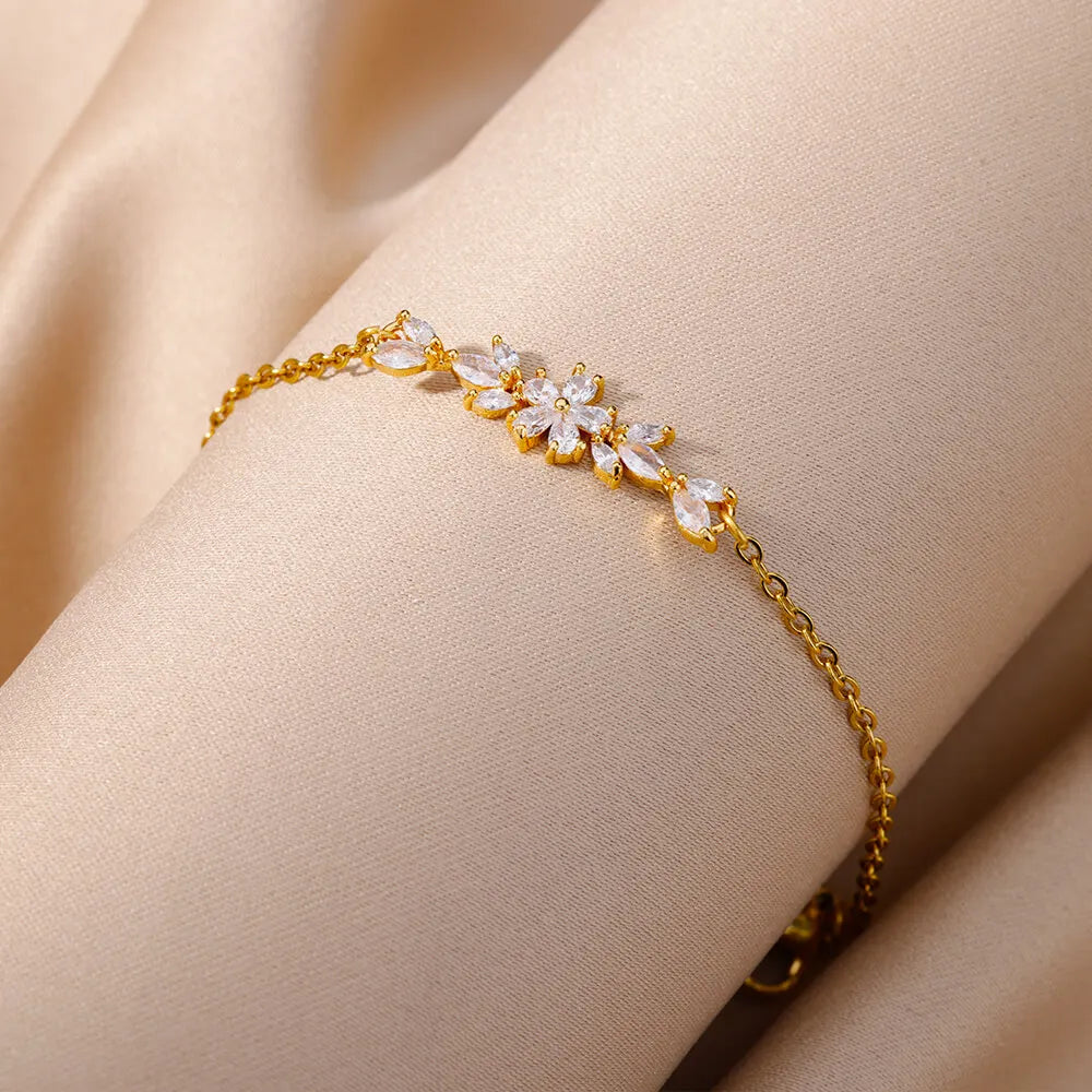 Elegant Zircon Flowers Bracelet For Women Girls Charm Gold Color Stainless Steel Plant Bracelets Luxury Designer Jewelry Gifts - Ladyglow