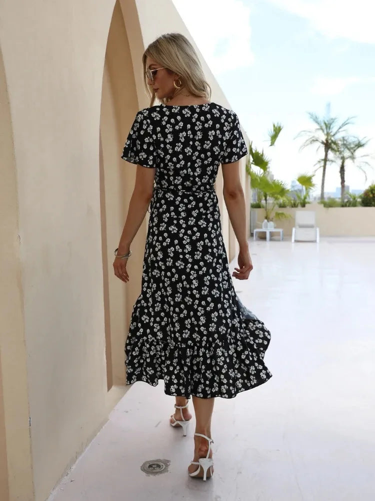 Women's Fashion Flounce Dresses Women V-neck Short Sleeve Printed  Elegant Long Dresses