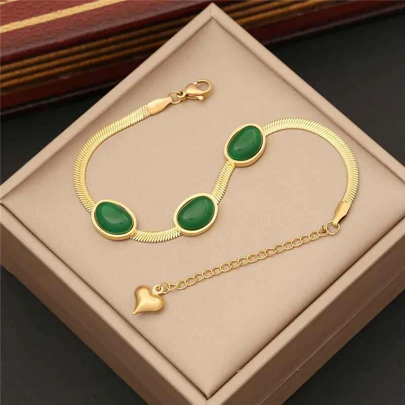 316L Stainless Steel Simple Flat Snake Chain Emerald Stone Pendant Bracelet Necklace Earring Set Indian Jewelry - Ladyglow