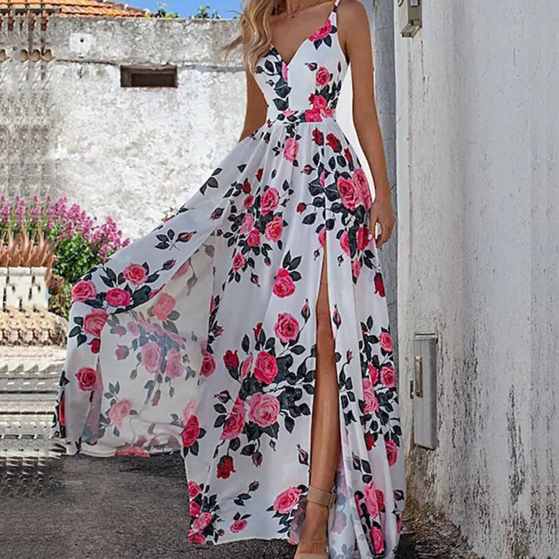 Women Fashionable V-Neck Printed Camisole Dress With High Waist Slit Camisole Dress