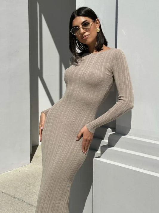 Long Sleeve Knitted Maxi Dress Women Elegant Sexy Pit Strip O-Neck Bodycon Dresses Lady Casual Dress