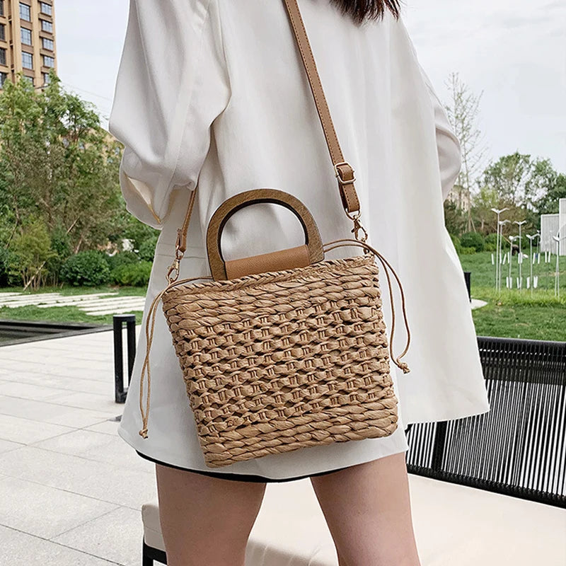 JIOMAY Straw Bags Summer 2023 Women Tote Bags Designer Handbags PurseS Weave Drawstring Closure Wooden Handle Beach Shoulder Bag - Ladyglow