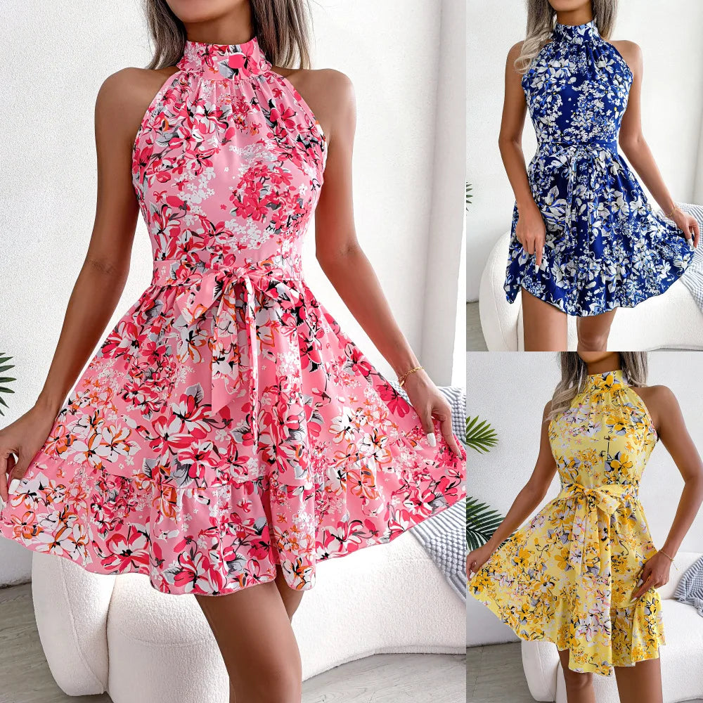 Summer Women Floral Print Short Dress, Bandage Holiday Beach Sundress Casual Halter Short