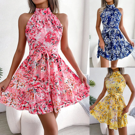 Summer Women Floral Print Short Dress, Bandage Holiday Beach Sundress Casual Halter Short