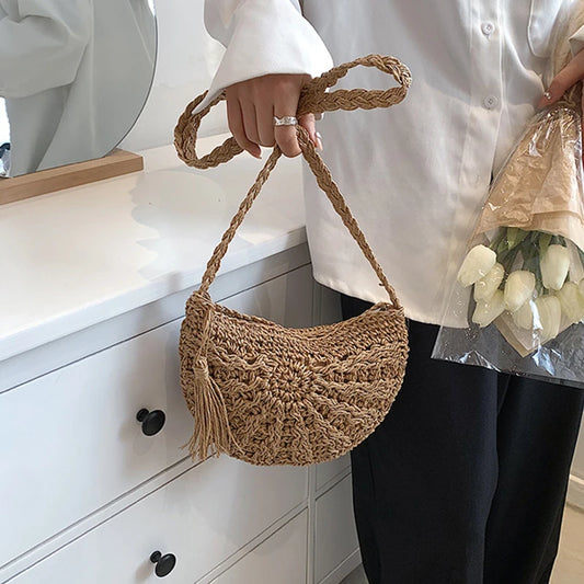 Fashion Semicircle Straw Woven Shoulder Crossbody Bag Travel Small Handbag Ladies Summer Handmade Rattan Tassel Design Beach Bag - Ladyglow