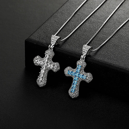 TOPGRILLZ New Classic Shiny Cross Necklace Iced Baguette Blue Zirconia Pendant Fashion Female Religious Jesus Hip Hop Jewelry - Ladyglow