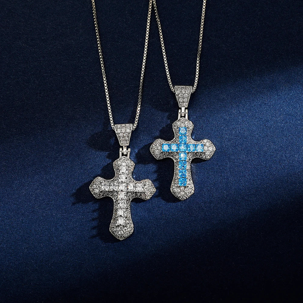 TOPGRILLZ New Classic Shiny Cross Necklace Iced Baguette Blue Zirconia Pendant Fashion Female Religious Jesus Hip Hop Jewelry - Ladyglow