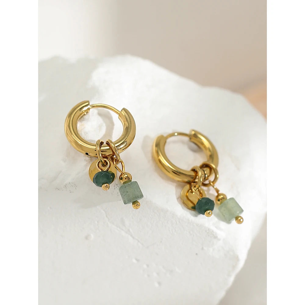 YACHAN 18K Gold Plated Stainless Steel Hoop Earrings for Women Vintage Green Natural Stone Charms Trendy Waterproof Jewelry - Ladyglow