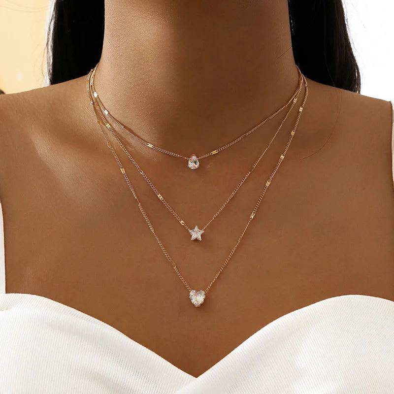 Crystal Zircon Heart Star Charm Layered Pendant Necklace Set for Women Charms Fashion Square Rhinestone Female Vintage Jewelry - Ladyglow