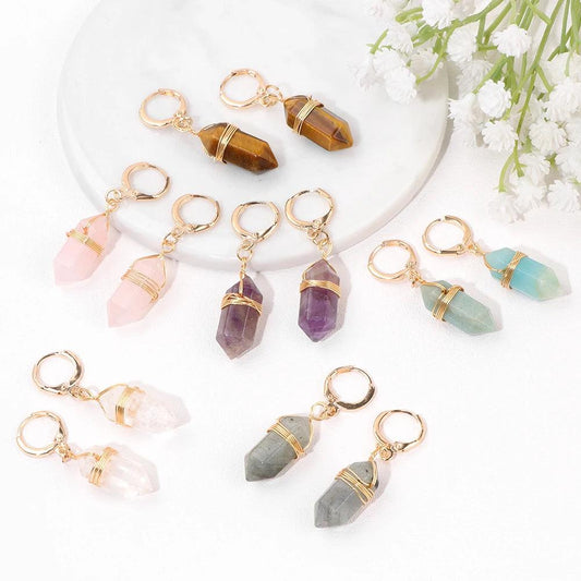 Natural Hexagonal Stone Earrings Rose Quartzs Amethysts Mineral Stone Earrings for Women Gold Color Metal Charm Earrings Jewelry - Ladyglow