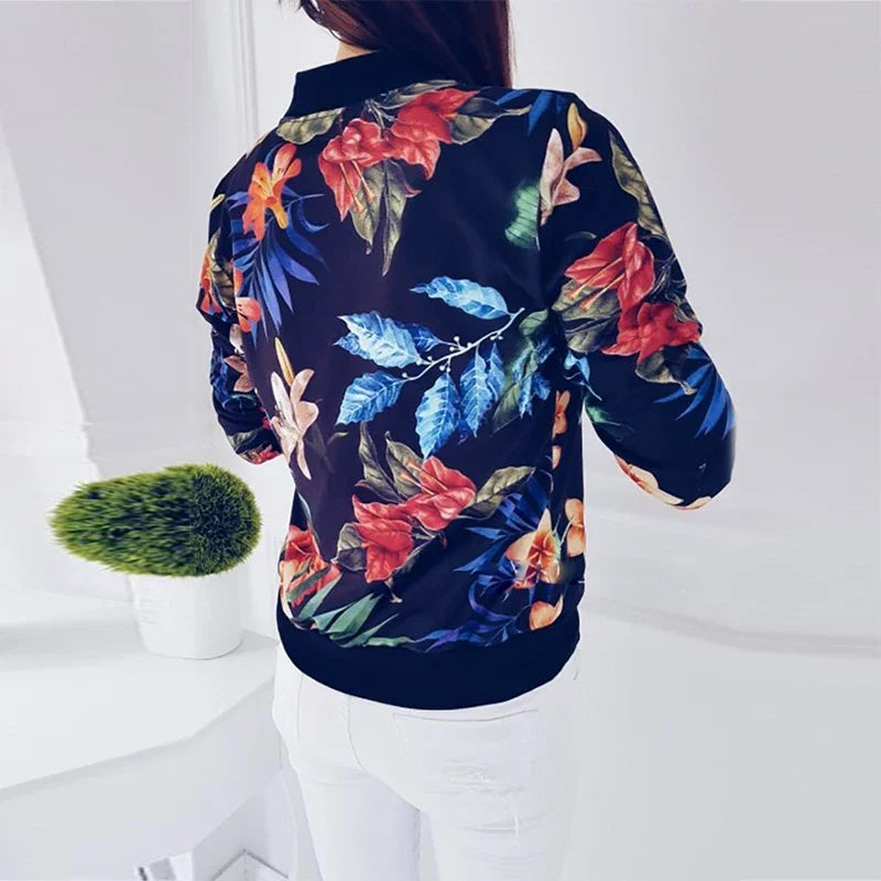 Women Jacket Fashion Ladies Retro Floral Zipper Up Bomber Jacket Casual Coat Spring Print Outwear - Ladyglow