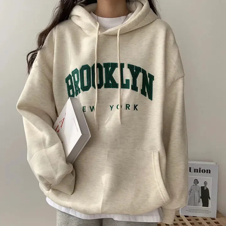 Letter Print Women Sweatshirt  Warm Full Sleeve Hoodies Ladies Streetwear Winter Pullovers Loose  Hooded Pocket