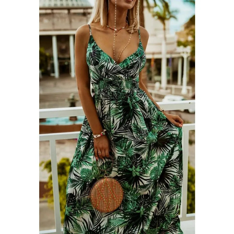 Women's summer V-neck sleeveless camisole commuting printed chiffon bohemian floral dress