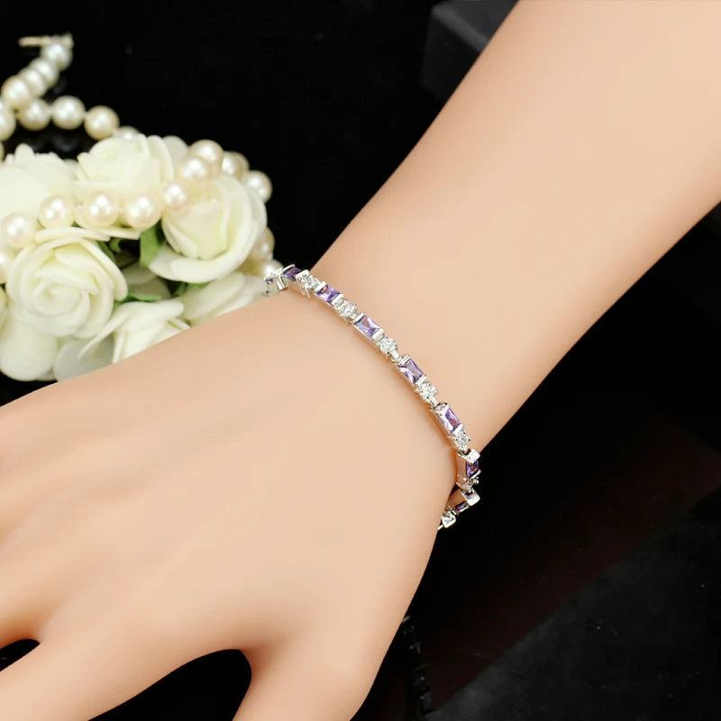 Slim Charm Bracelets Purple and White CZ Crystal Big Square Shape Gift