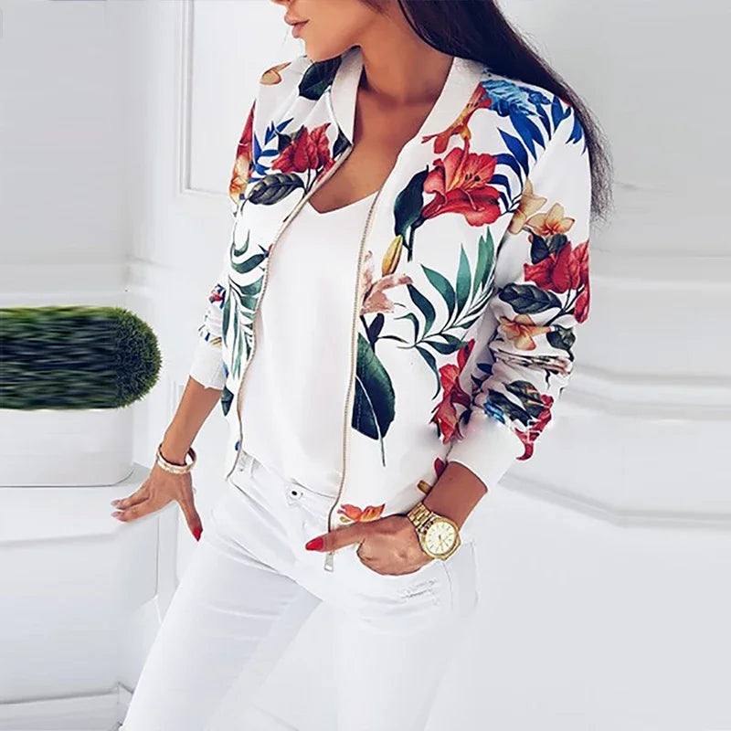 Women Jacket Fashion Ladies Retro Floral Zipper Up Bomber Jacket Casual Coat Spring Print Outwear - Ladyglow