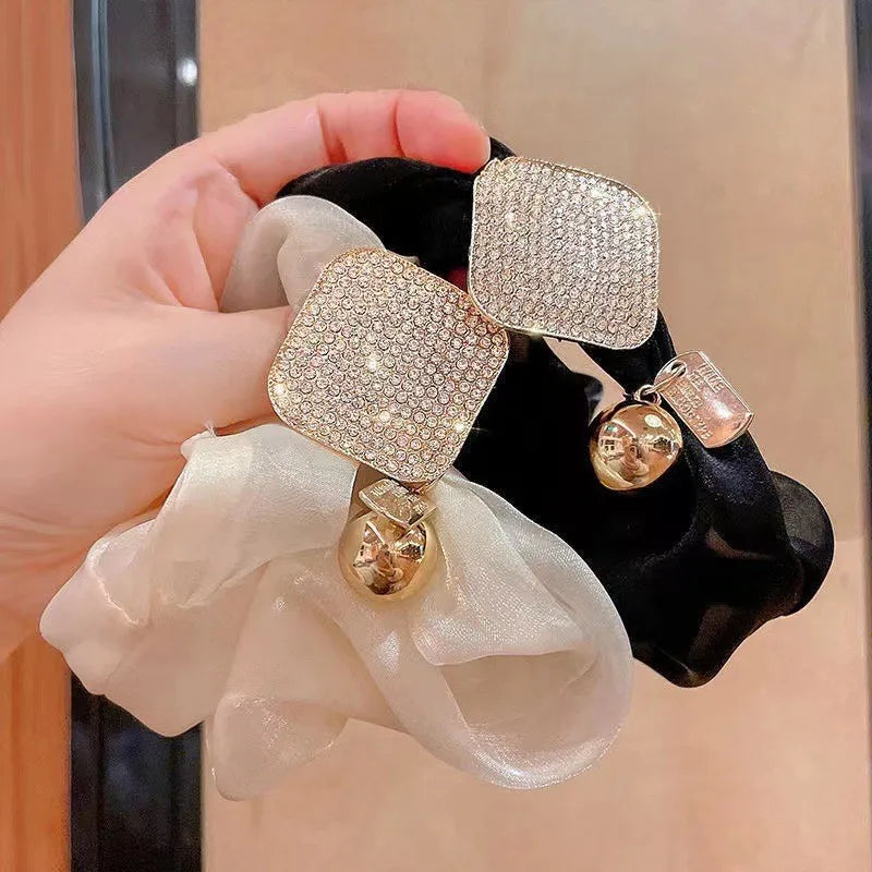 Alloy Rhinestone Square Hair Ties Scrunchies Elegant Ponytail Rope  High Elasticity Rubber Bands