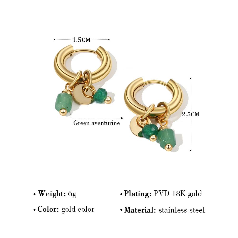 YACHAN 18K Gold Plated Stainless Steel Hoop Earrings for Women Vintage Green Natural Stone Charms Trendy Waterproof Jewelry - Ladyglow