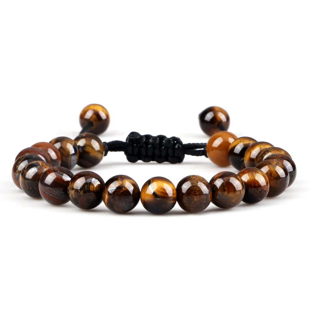 8mm Tiger Eye Stone Beads Bracelet Adjustable Braided Rope Bangles Natural Lava Rock Men Women Yoga Healing Balance Bracelets - Ladyglow