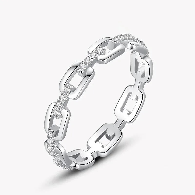 Trendy Jewelry Chain Shape Finger Ring for Women Silver Color Shiny Zirconia