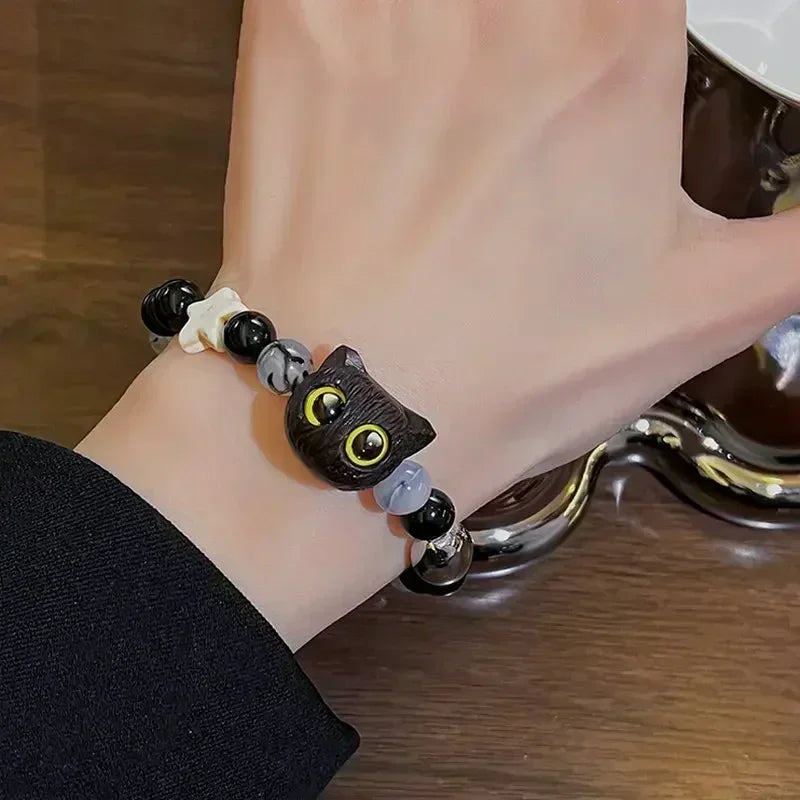 Cute Natural Stone Black Cat Bracelet for Women Men Fashion Cartoon Animal Beaded Bracelets Handmade Fashion Girl Jewelry Gifts - Ladyglow